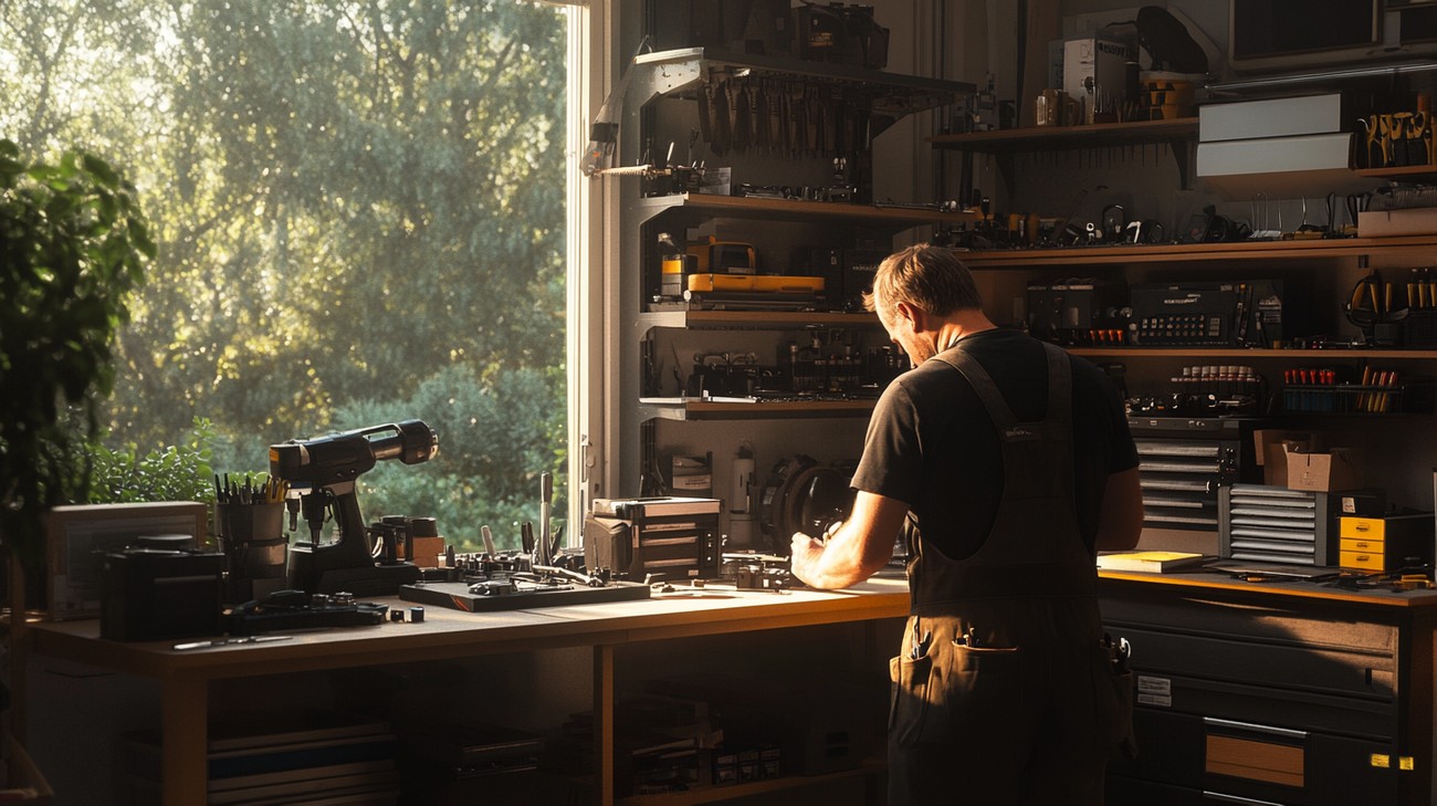 Technician checking a garage door opener motor unit