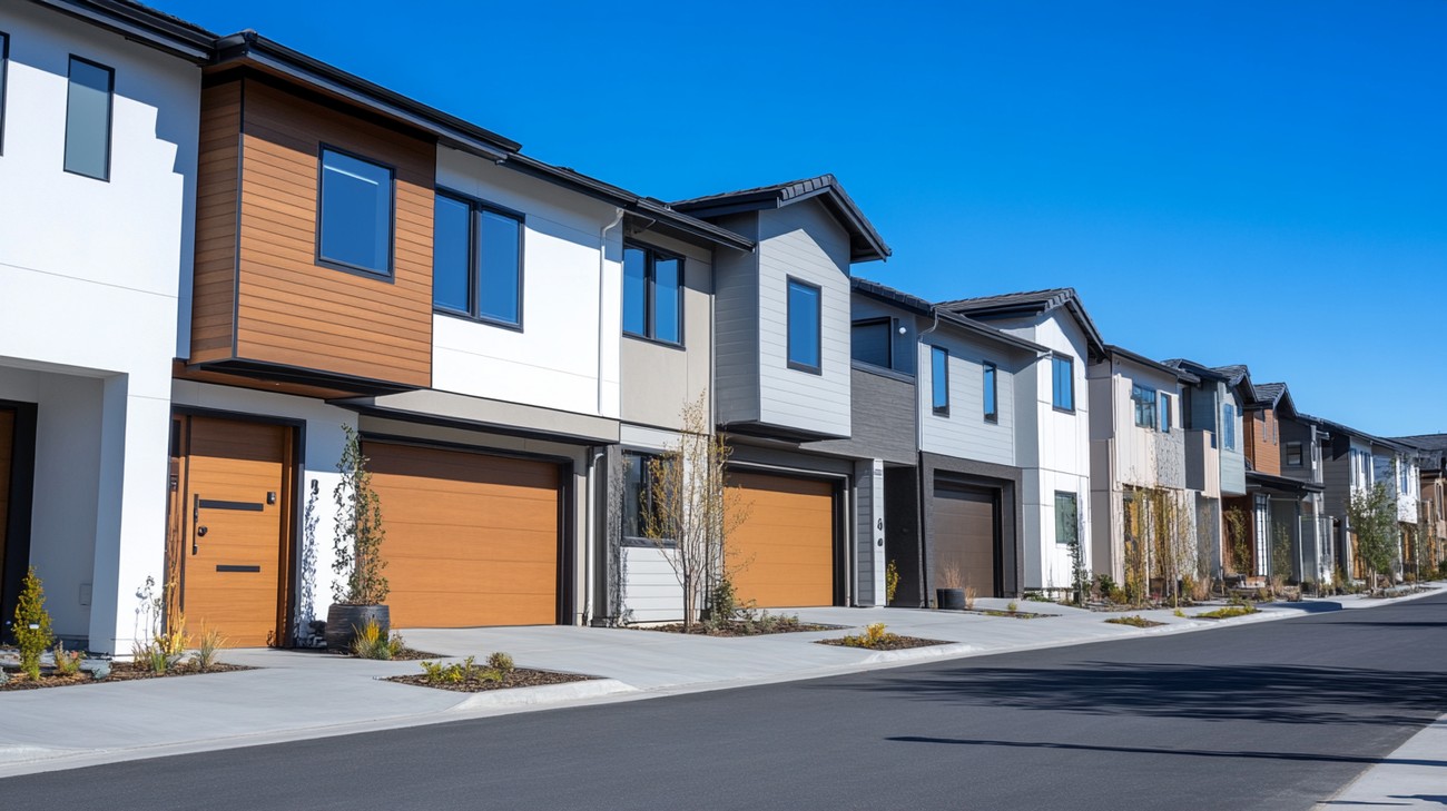 A row of two-story homes with street-facing garage doors