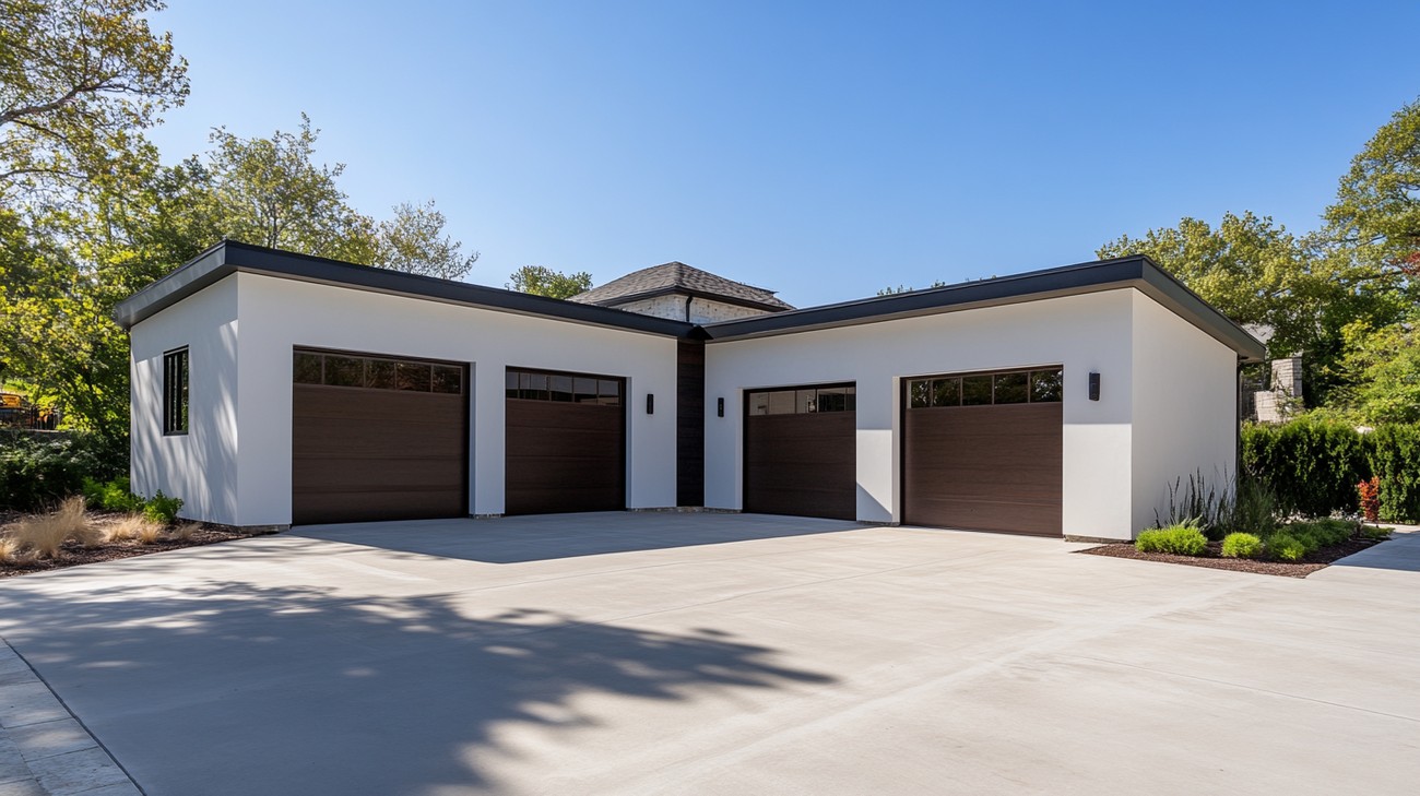 Four brown garage doors with top-row windows