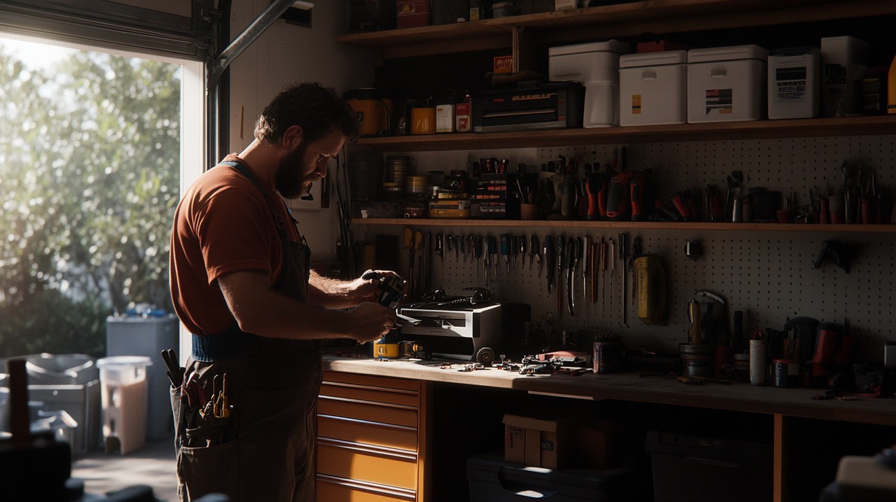 Homeowner pressing a garage door wall control button