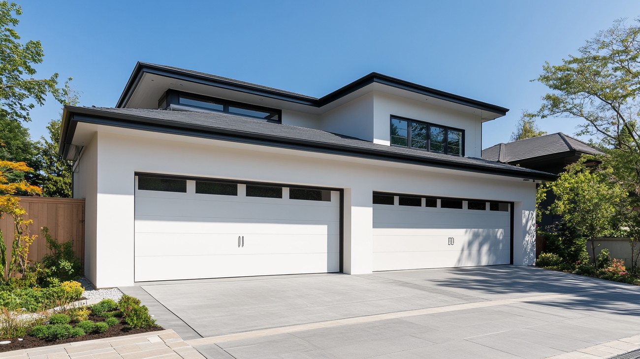 Two white garage doors with top-row windows and dark handles
