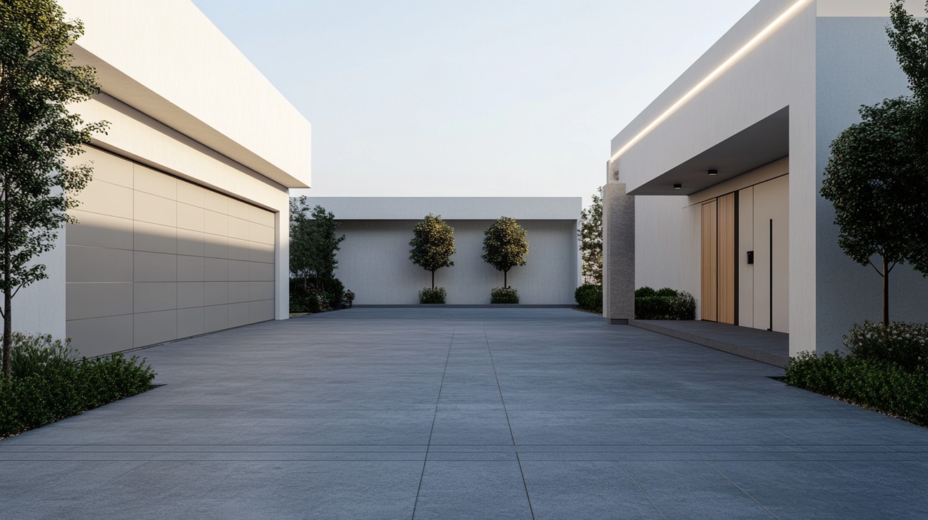 Light-colored garage door facing a paved courtyard