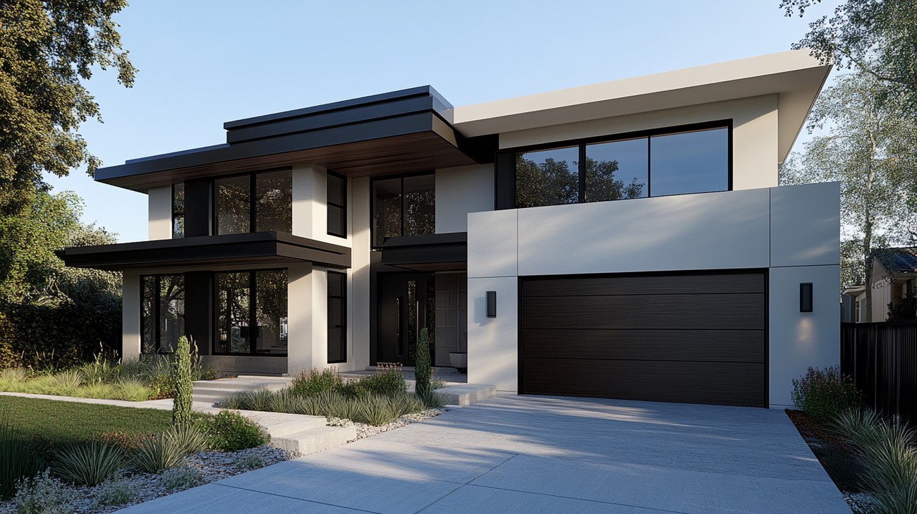 Dark garage door on a two-story white house