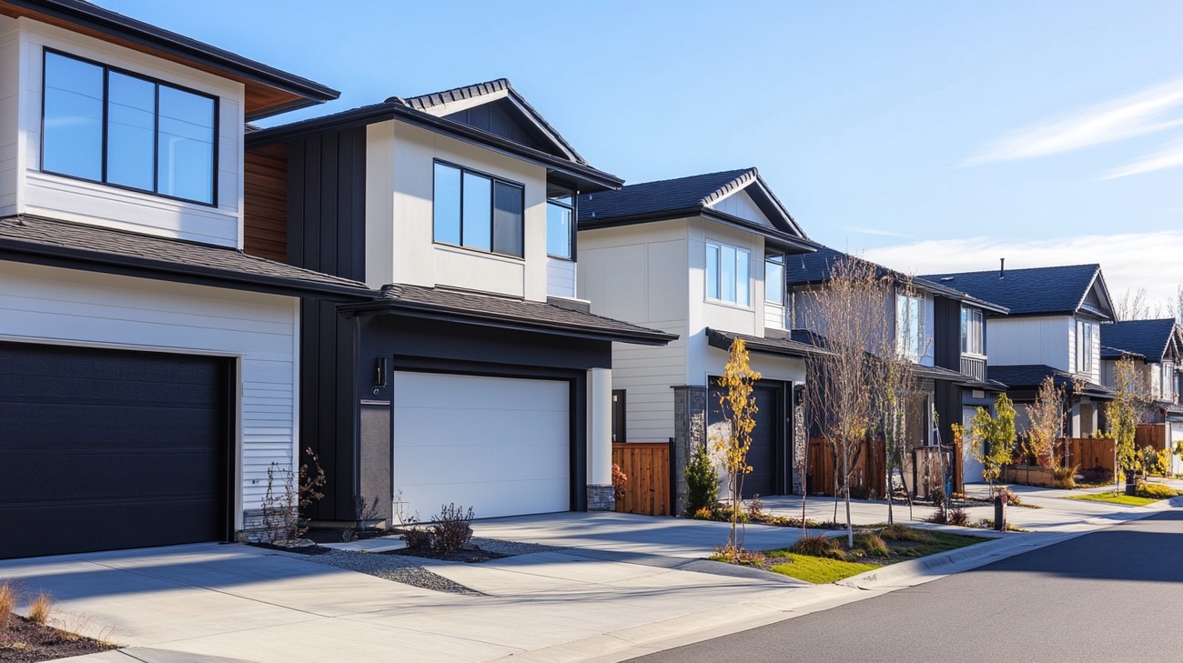 White and dark garage doors along a residential street